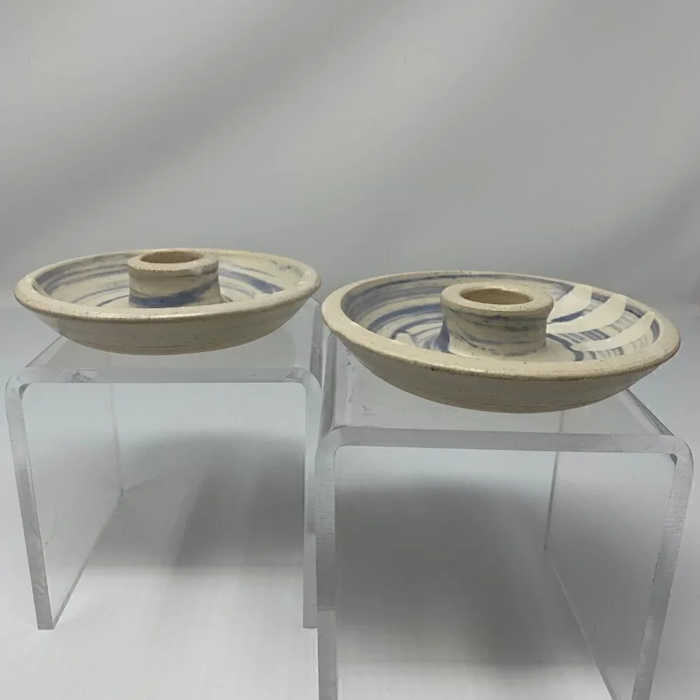 Taper Candle Holders Studio Pottery Set of 2 Handmade Blue Swirl Vintage